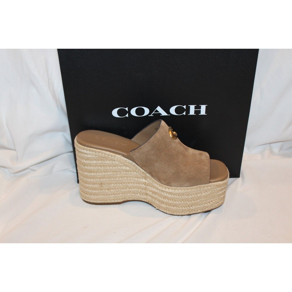 COACH Women Suede Espadrille Platform Wedge Slide Sandals Coconut Brown NEW SZ 8 - Picture 5 of 8